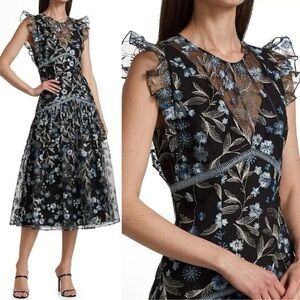 Monique Lhullier Embroidered Floral Midi‎ Dress Black Blue Size 10